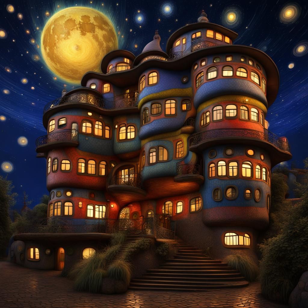 Hundertwasser House Under Starry Night Sky