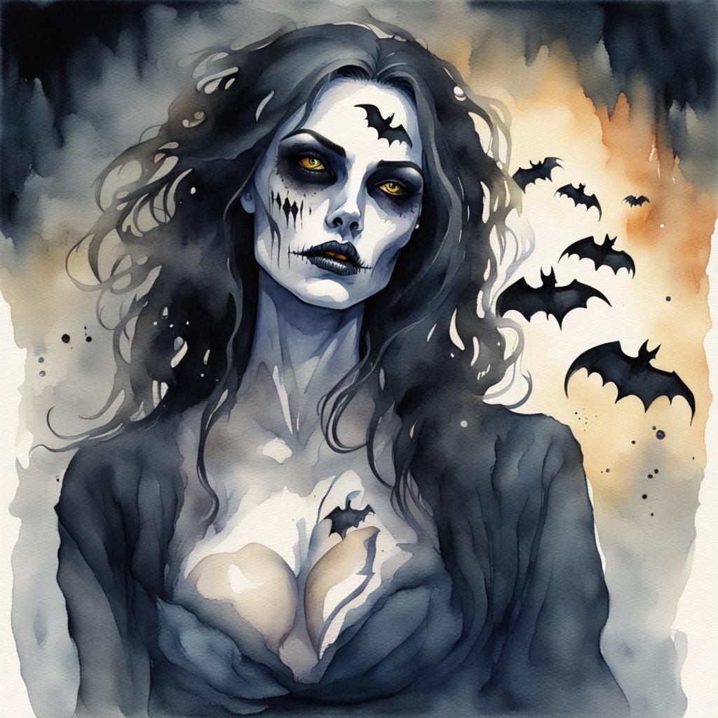 Pisces Undead Woman: Halloween Watercolour Art