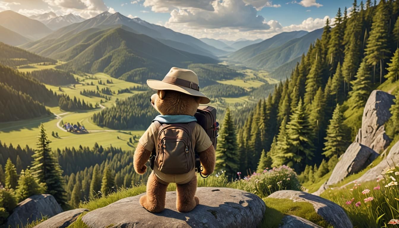Teddy Bear Explorer on a Hilltop