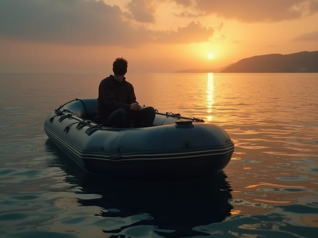 Man in Large Inflatable Boat at Sunset: Hyperrealistic