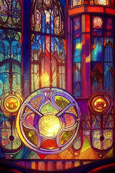 Stained Glass Cityscape in Art Nouveau Style