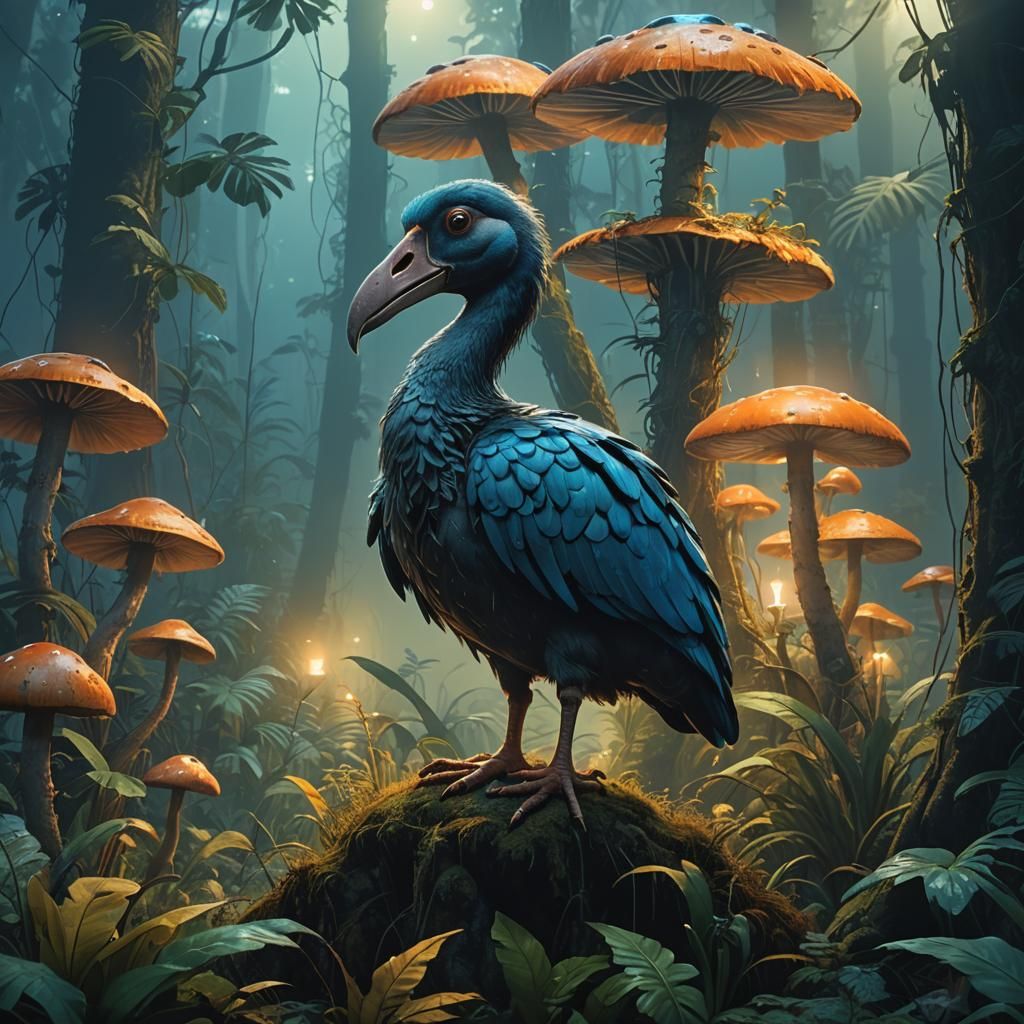 Dodo Bird on Glowing Mushroom: Fantasy Concept Art