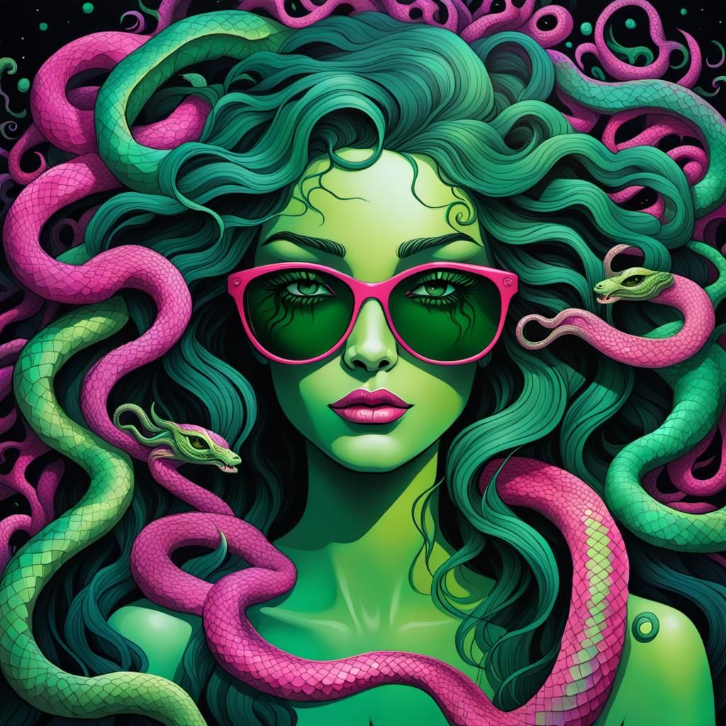 Medusa with Serpents and Sunglasses in Neon Art
