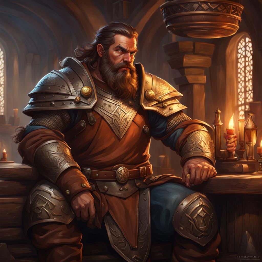 Dwarven Warrior Portrait in Inn, Hyperdetailed Digital Art