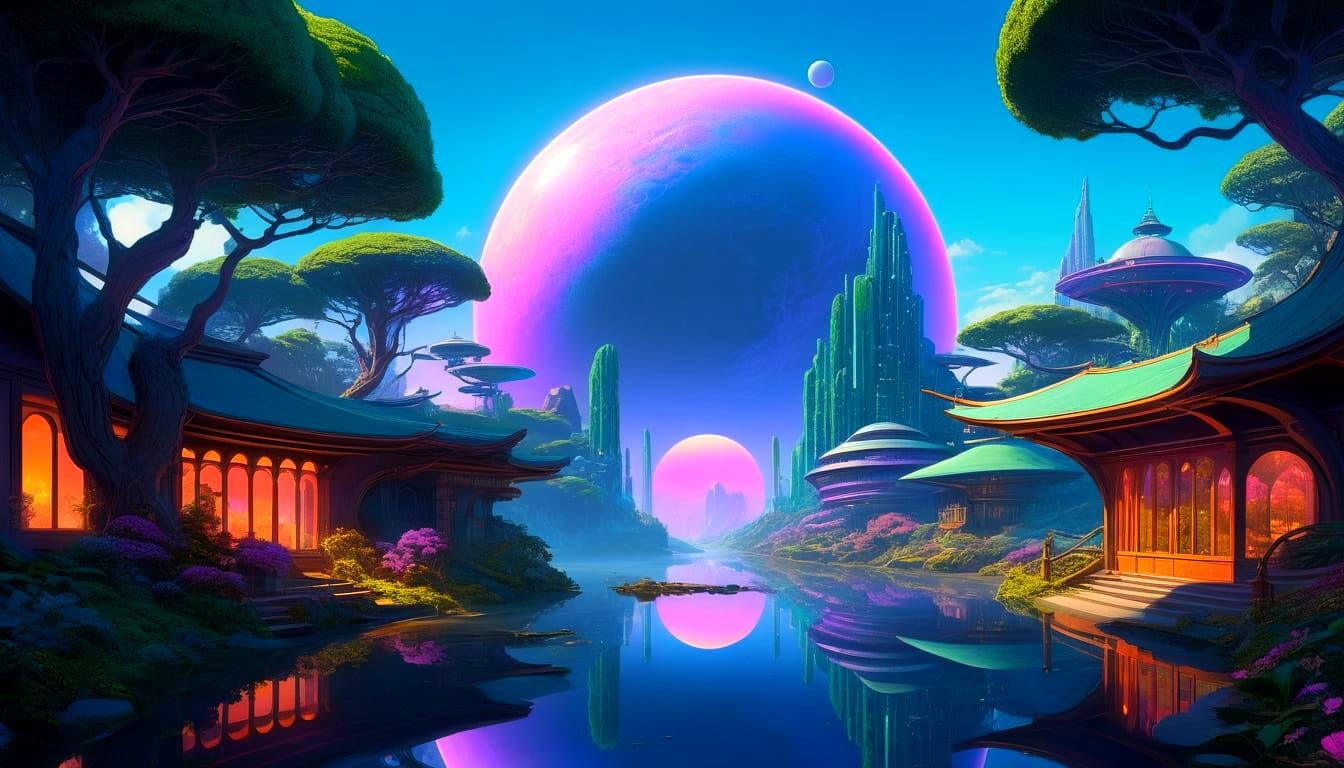 Ethereal Solarpunk Oasis Under Twin Suns