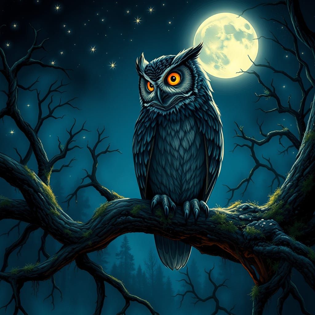 Wise Owl in Starry Night Forest Illustration
