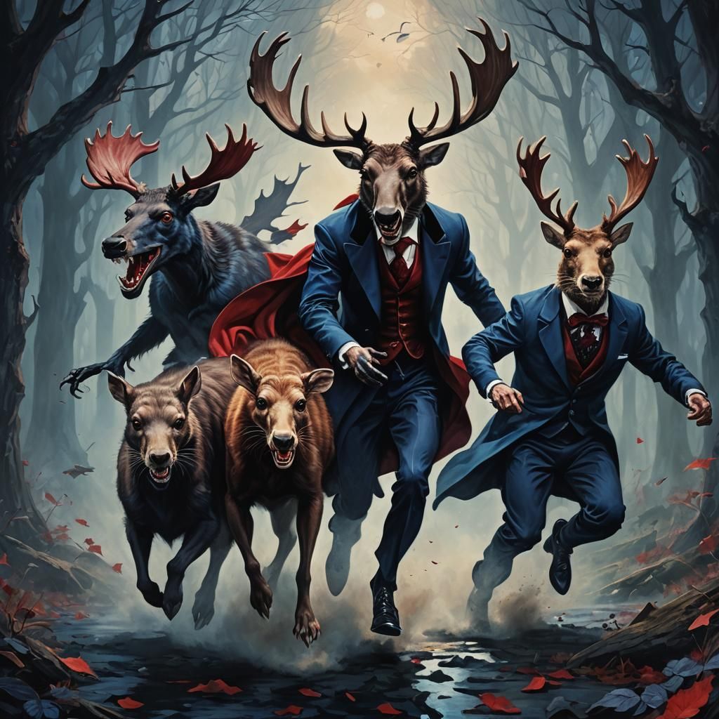 Surreal Animal Portrait with Vampire, Stoat, and Moose