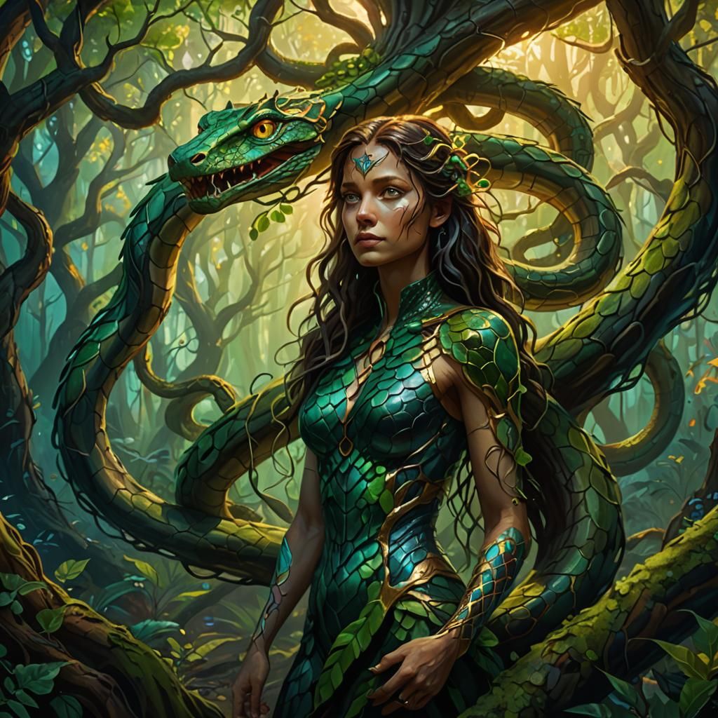 Serpent Woman in Mystical Forest: Vibrant Oil Painting