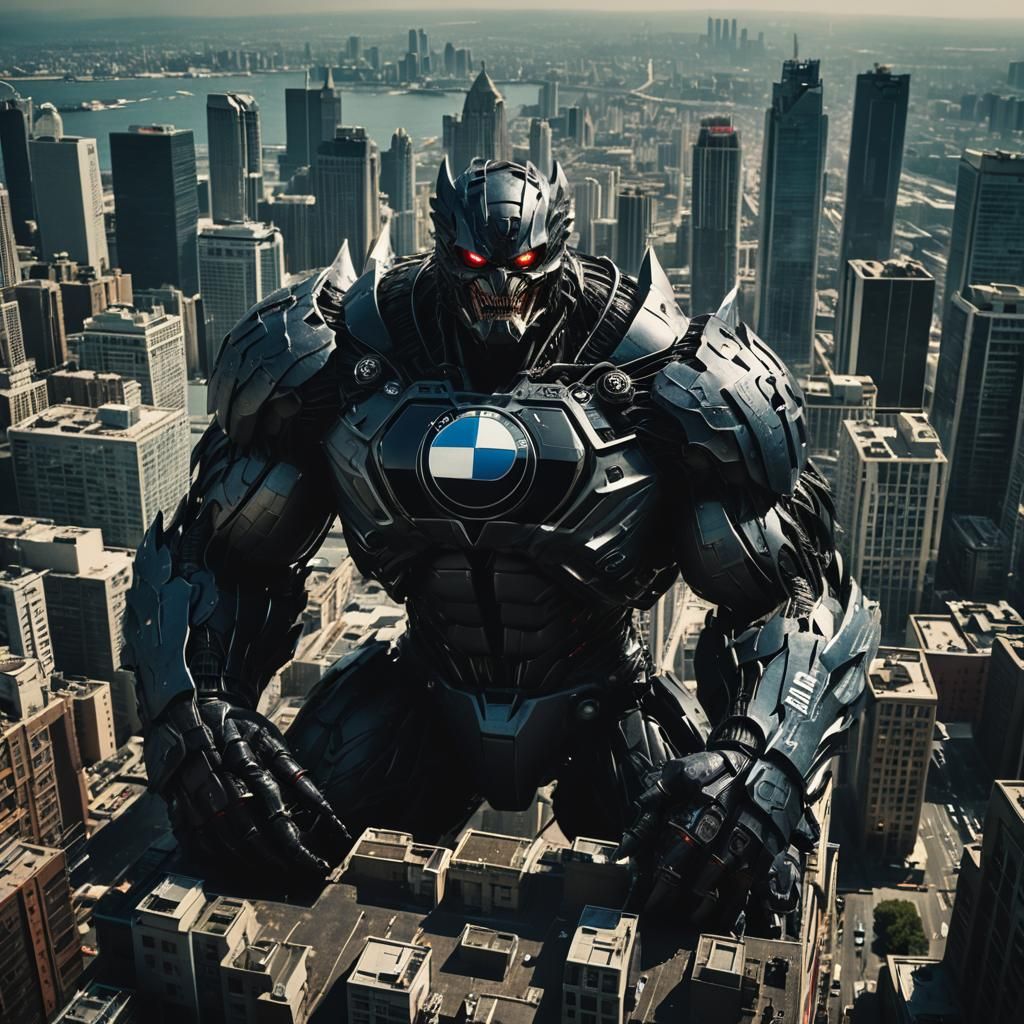 Giant BMW Monster Dominates Cityscape: Cinematic Film Still