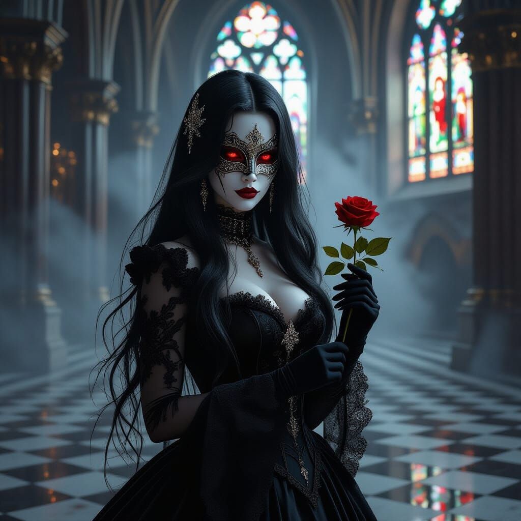 Mysterious Woman in Venetian Mask, Gothic Cathedral