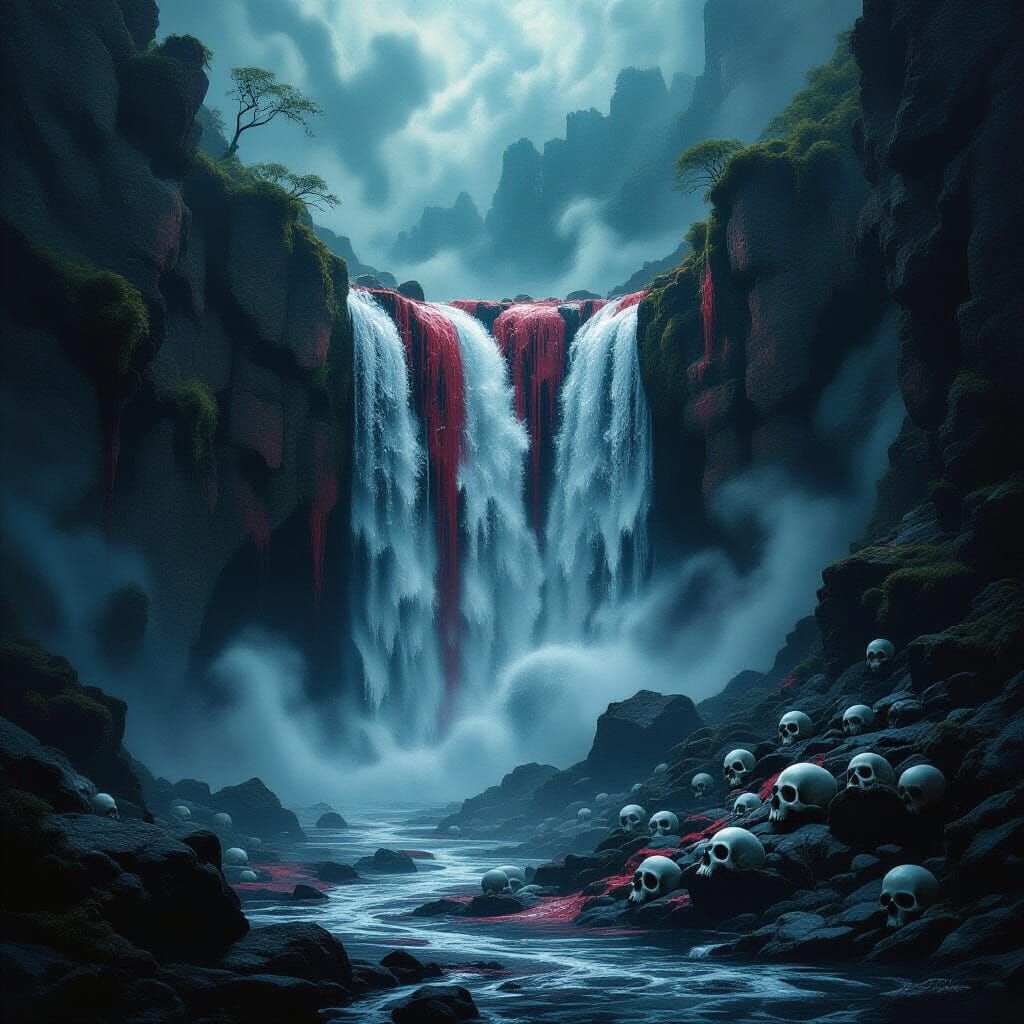 Surreal Bone Waterfall with Eerie Eyeballs