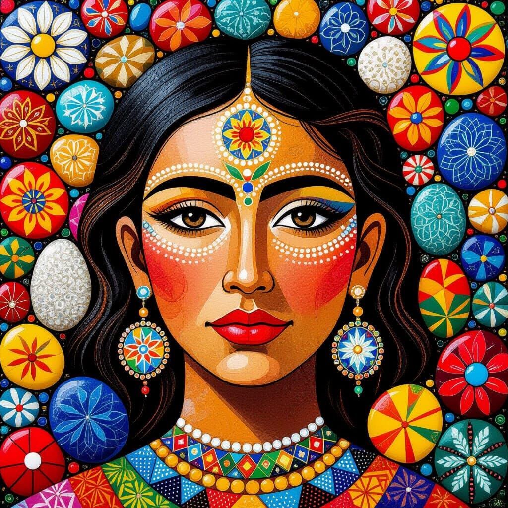 Vibrant Huichol Woman's Face in 3D Art