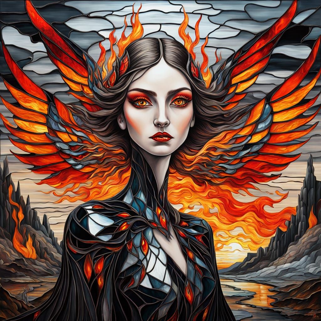 Surreal Stained Glass Phoenix Woman in Landscape