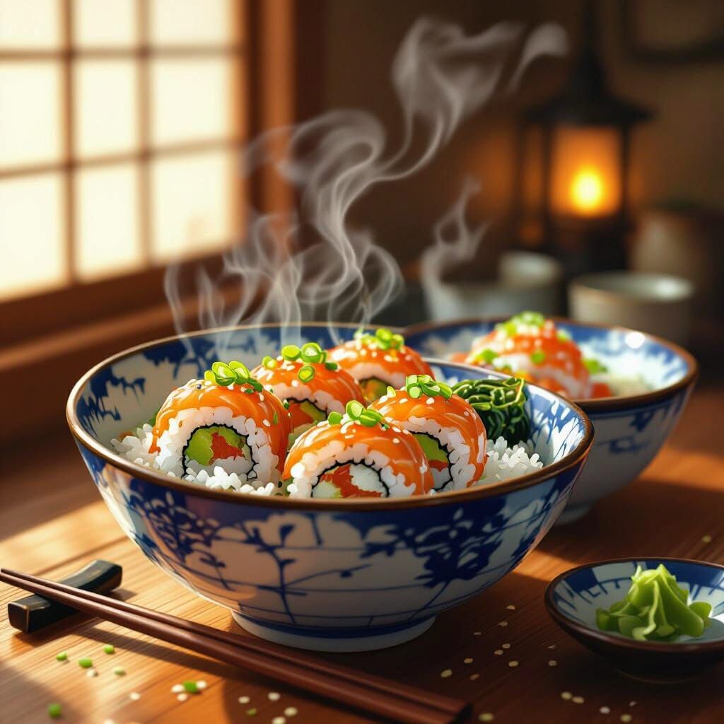 Bowls of Wasabi Sushi in Japanese Setting