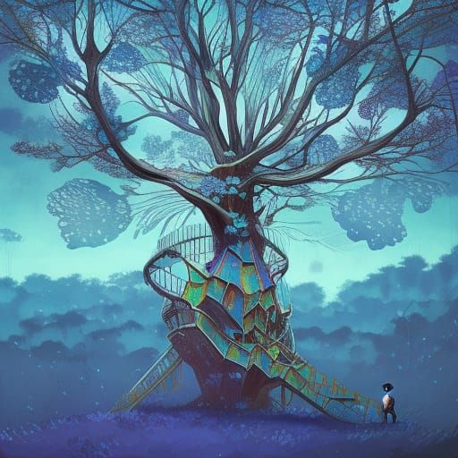 Blue Sunflower Treehouse in Anime Style