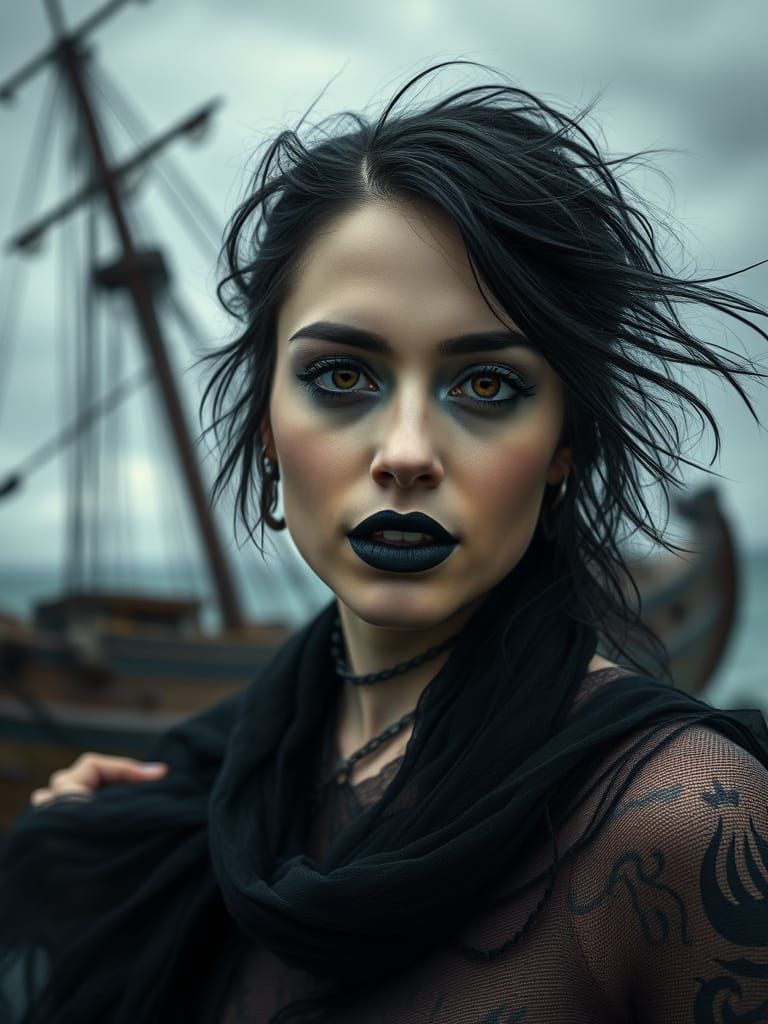 Goth Siren Portrait with Wrecked Ship Background