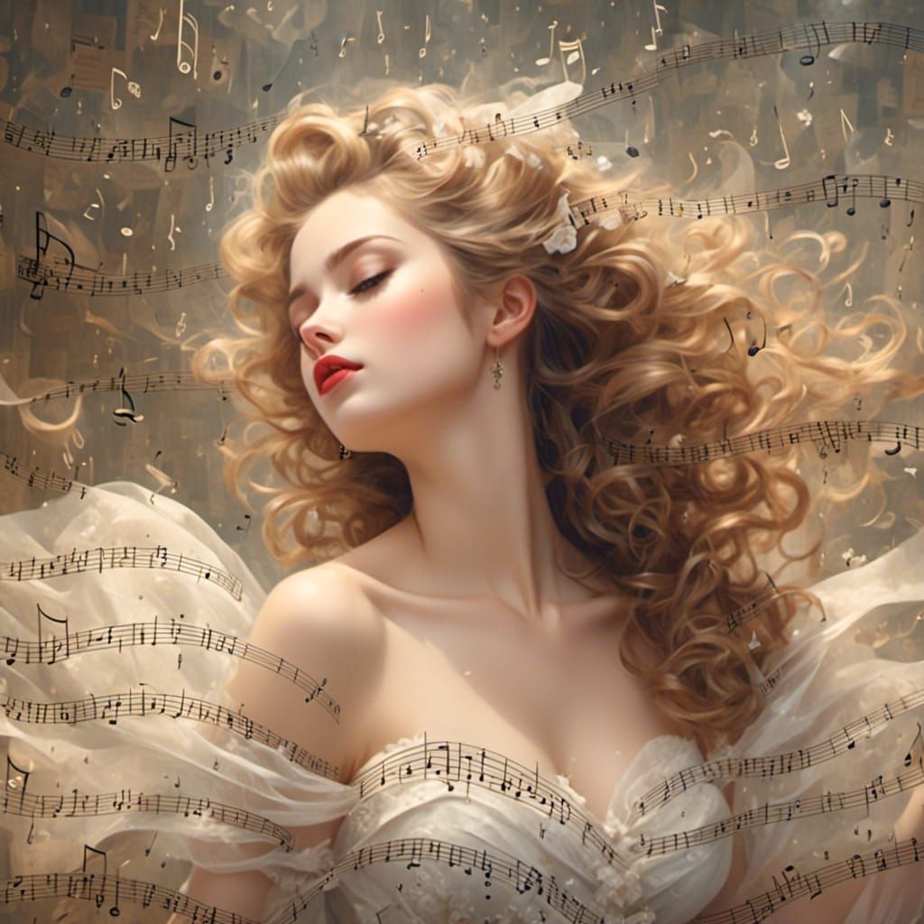 Surreal Woman Made of Sheet Music in Library