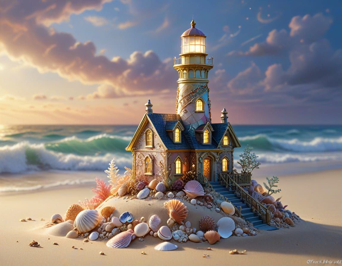 Iridescent Jeweled Lighthouse on Beach, Hyper-Realistic Seas...