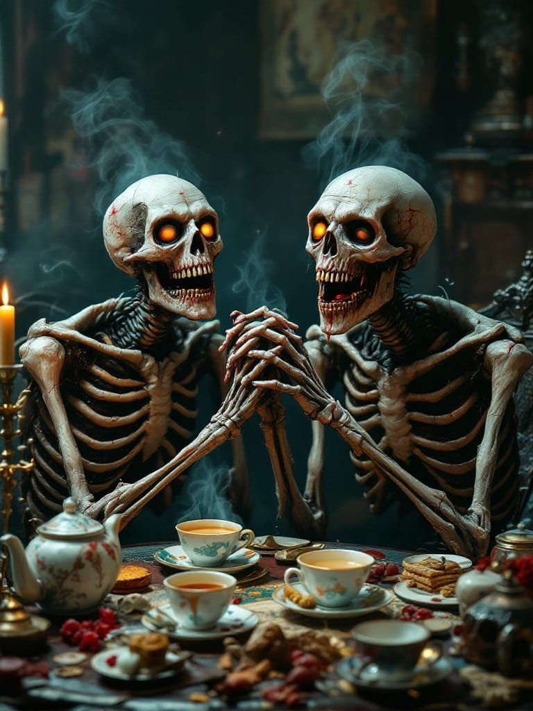 Grotesque Zombies Share Tea: A Hyper-Photorealistic Tableau