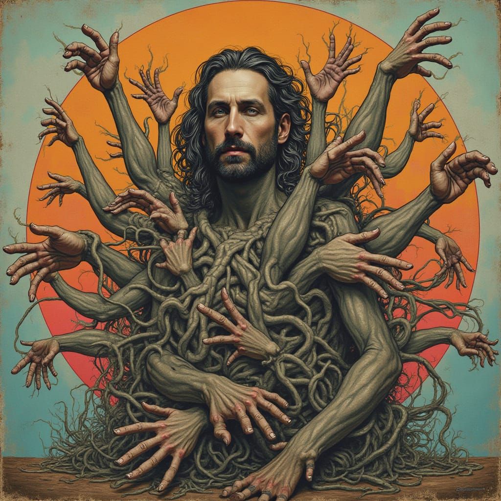 Man with Extrapolated Limbs in Surreal, Anatomical Explosion