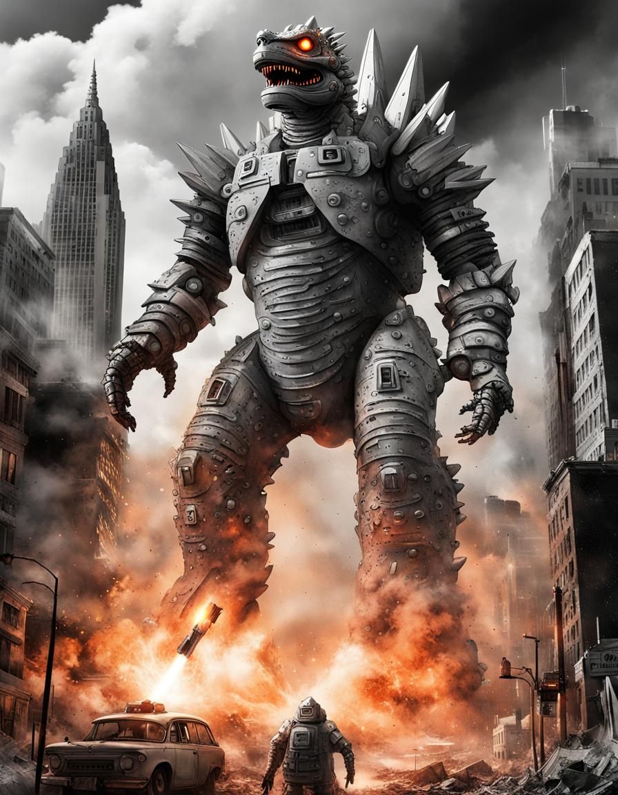 Mechagodzilla Destroys City in Atomic Black and White
