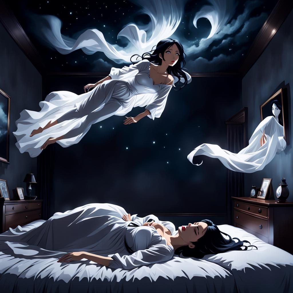 Anime Girl with Ghostly Woman Above Bed