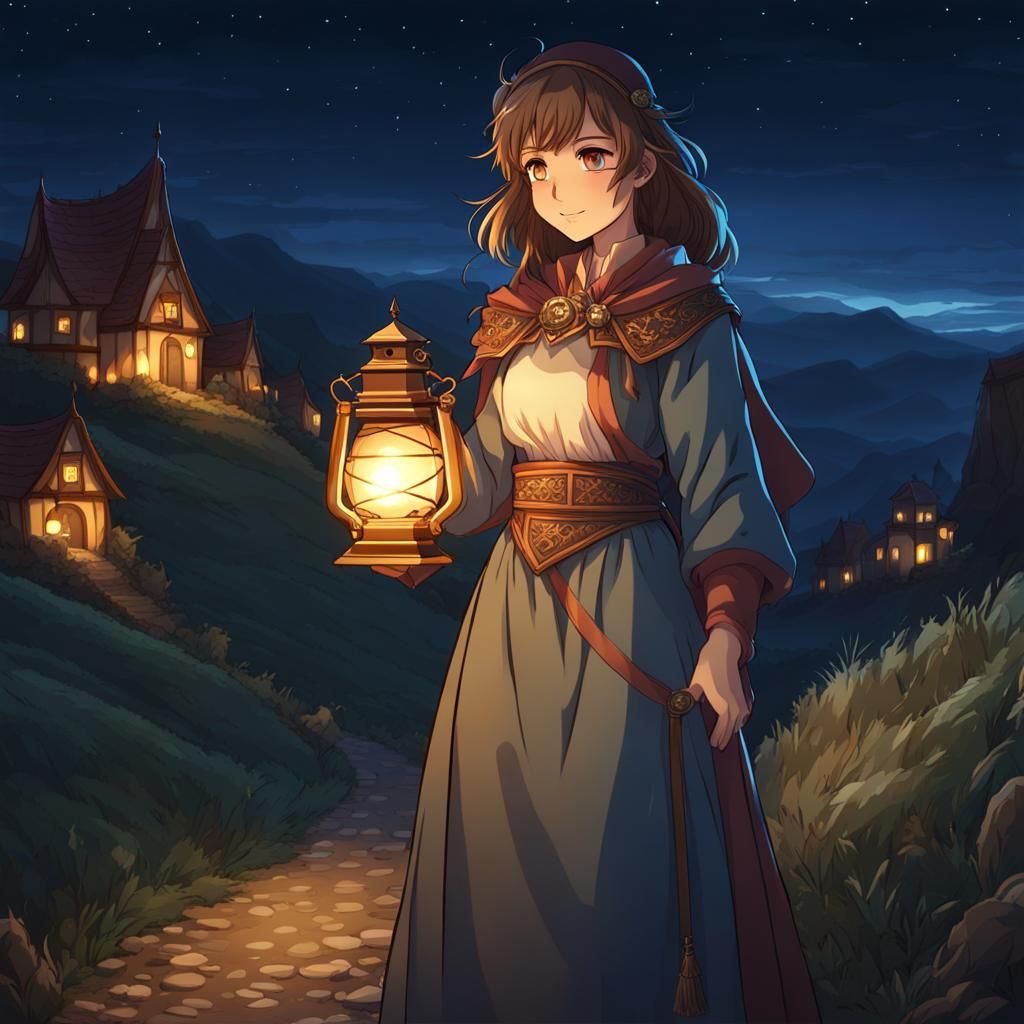 Anime-Style Woman with Lantern at Night