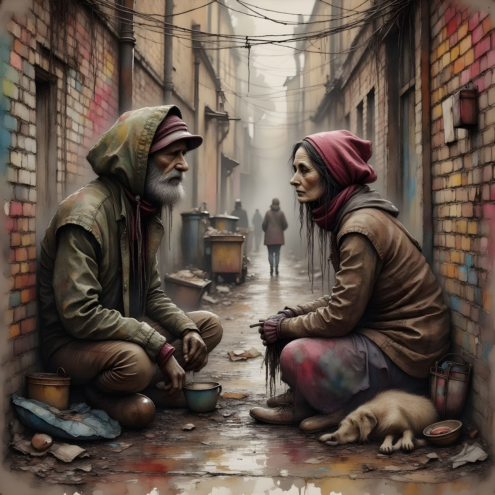 Helpless Couple in Grungy Street Scene