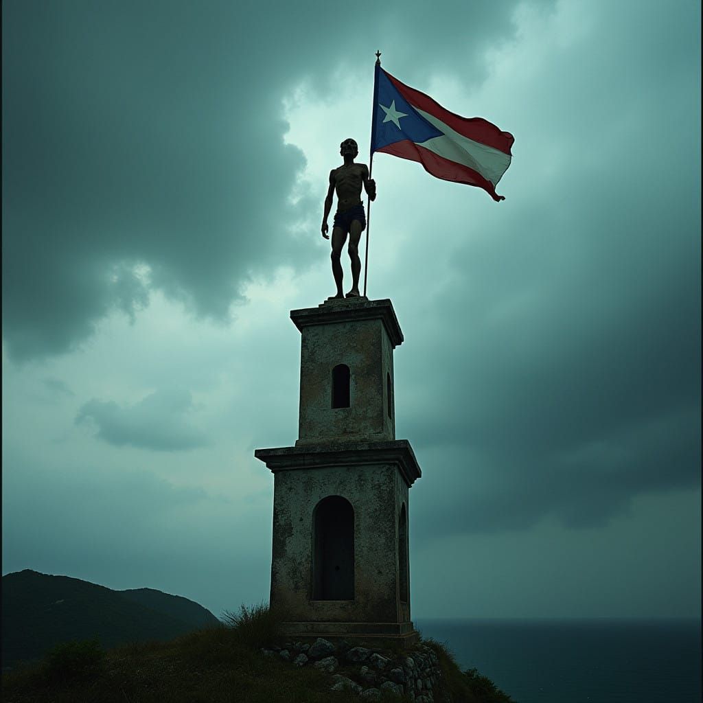 Gritty Film Noir Figure on Pedra Tower in Maricao, Puerto Ri...