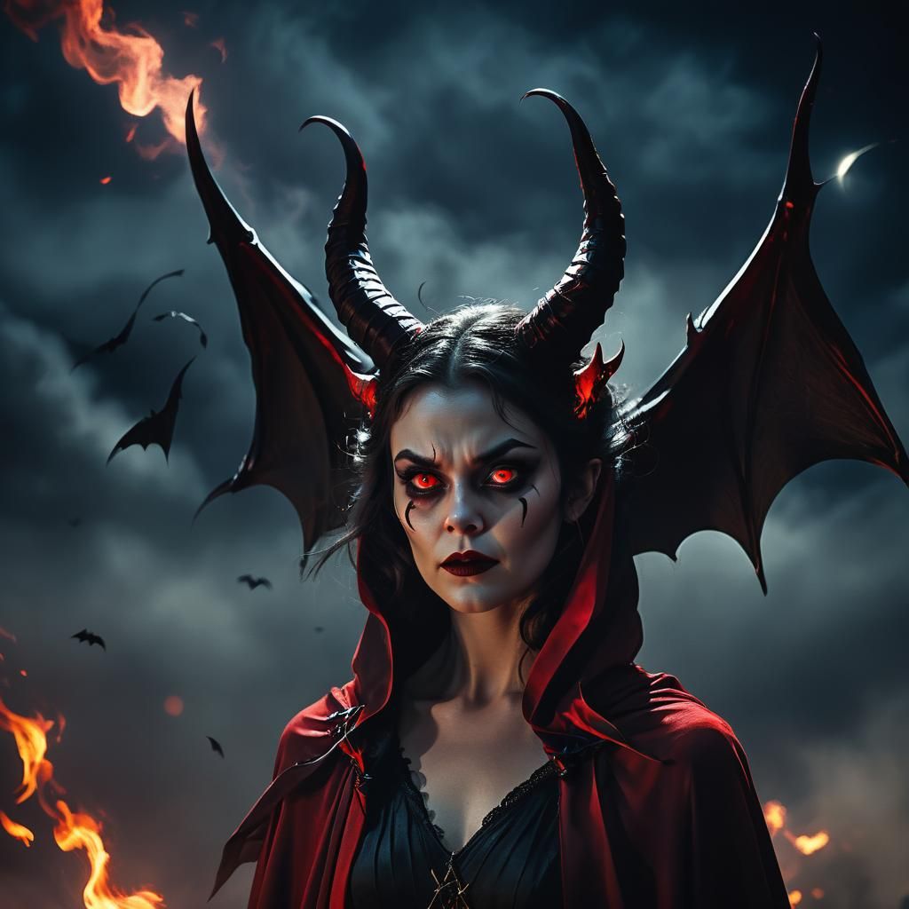 Haunting Devilish Woman with Glowing Eyes and Wings