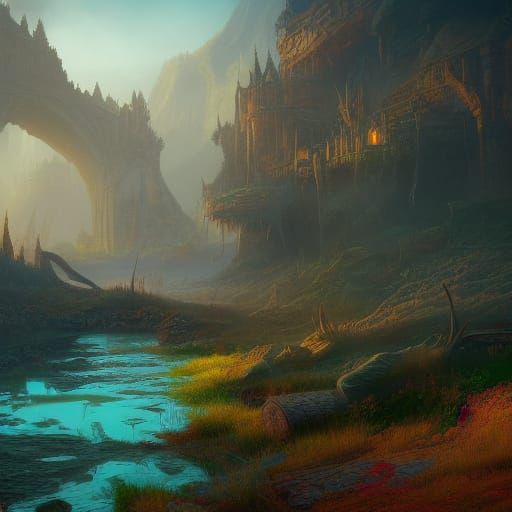 Fantastical River Landscape in Detailed Matte Painting