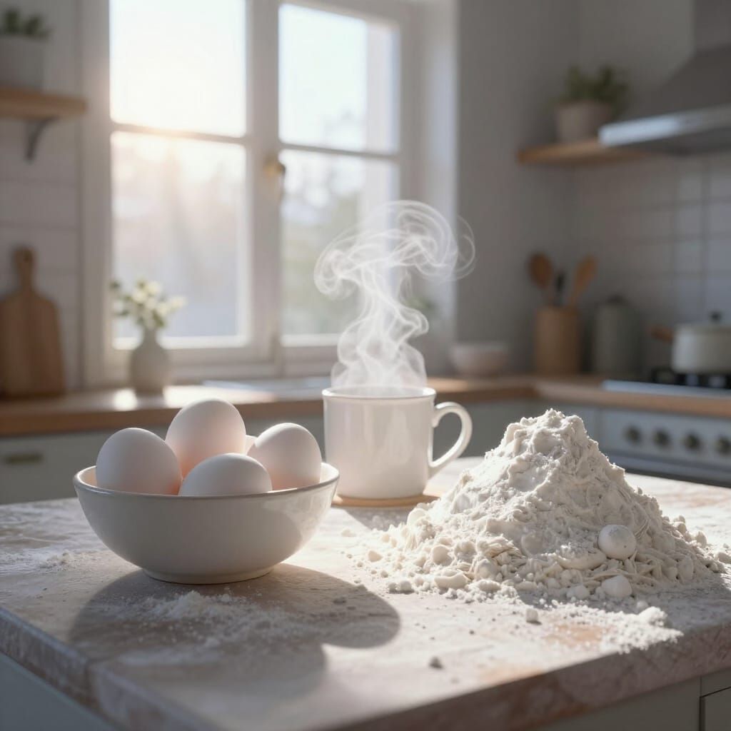 Ethereal Morning Kitchen Scene with Eggs and Flour