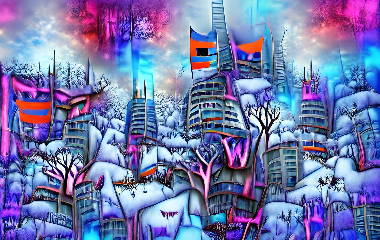 Visionary Snow Forest Cityscape in Cyberpunk Style