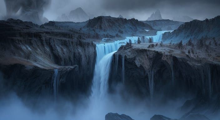 Hyperrealistic Liquid Nitrogen Waterfall in a Futuristic Lan...