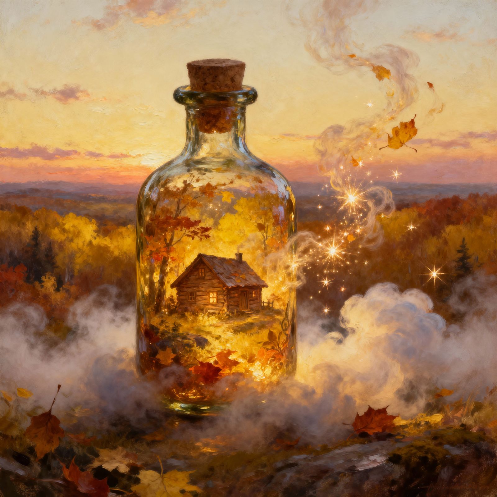 Enchanted Autumn Bottle with Mystical Cabin in Golden Landsc...
