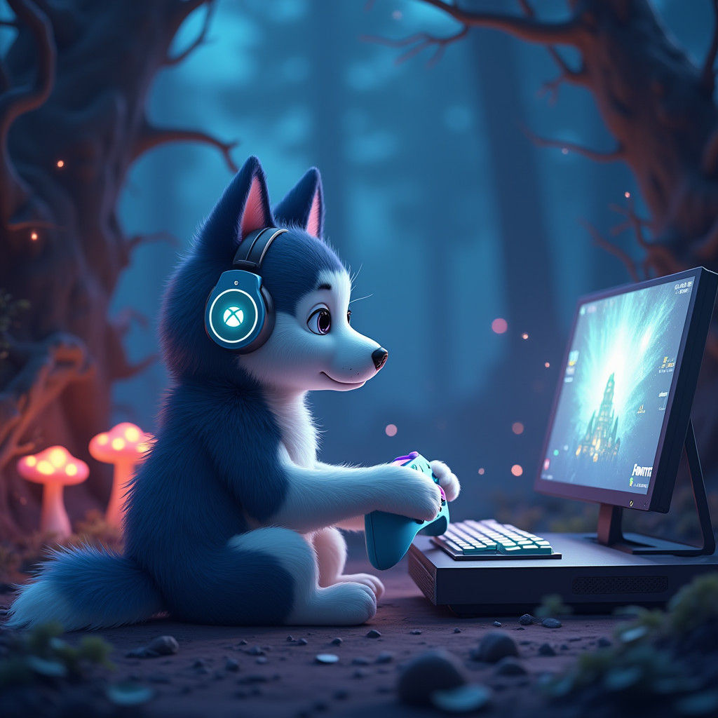 Husky Gamer in Enchanted Forest, Fantasy Concept Art