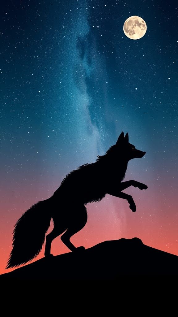 Fox Silhouette Against Starry Night Sky