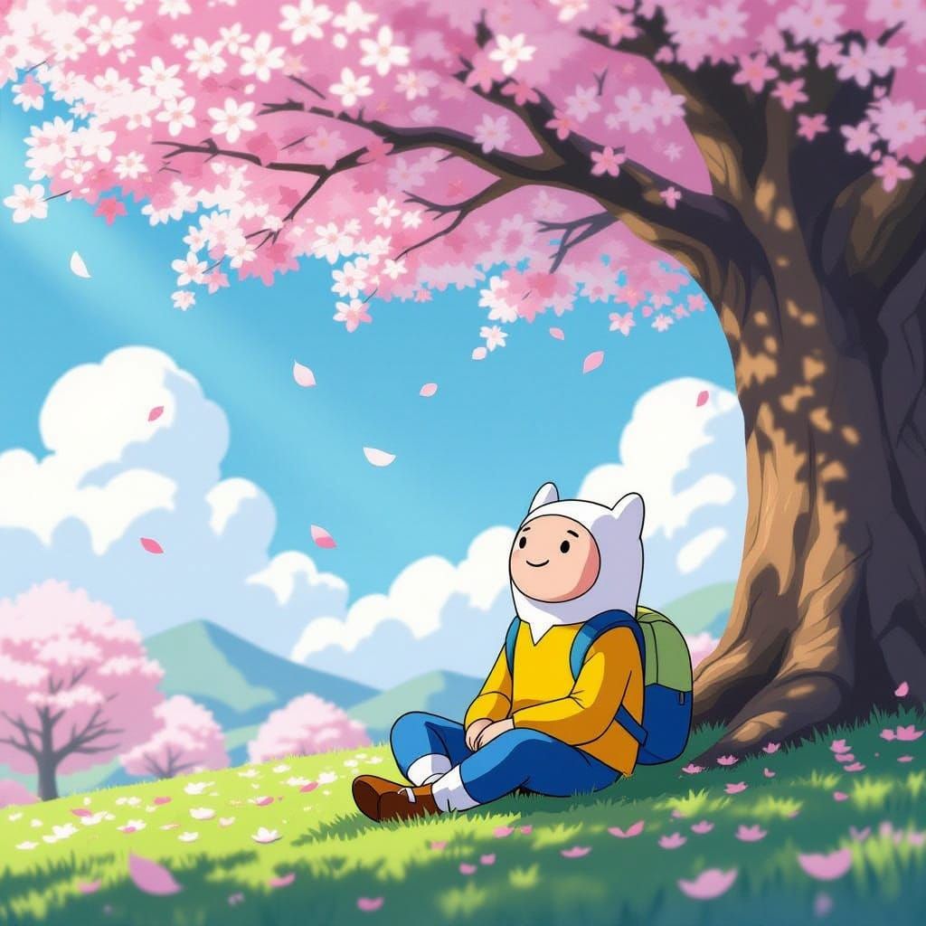 Finn from Adventure Time Under Cherry Blossoms