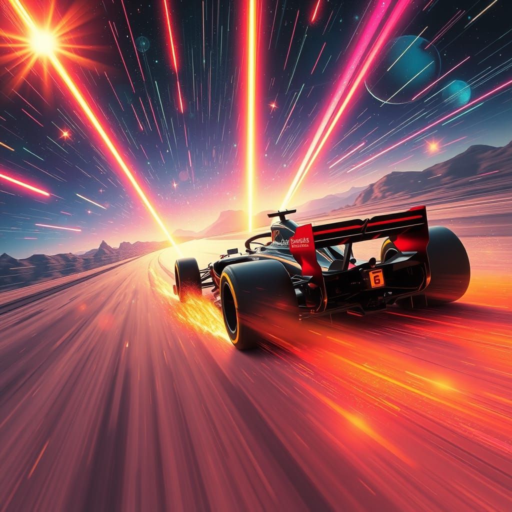 Formula 1 Car Races Through Meteor Shower in Neon Style