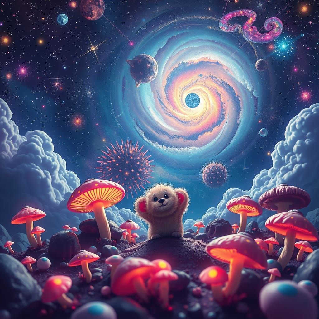 A fantasy mushroom world in a cosmic Galaxy  in the Milky Way with brilliant neon lighting and an adorable fuzzy space c...
