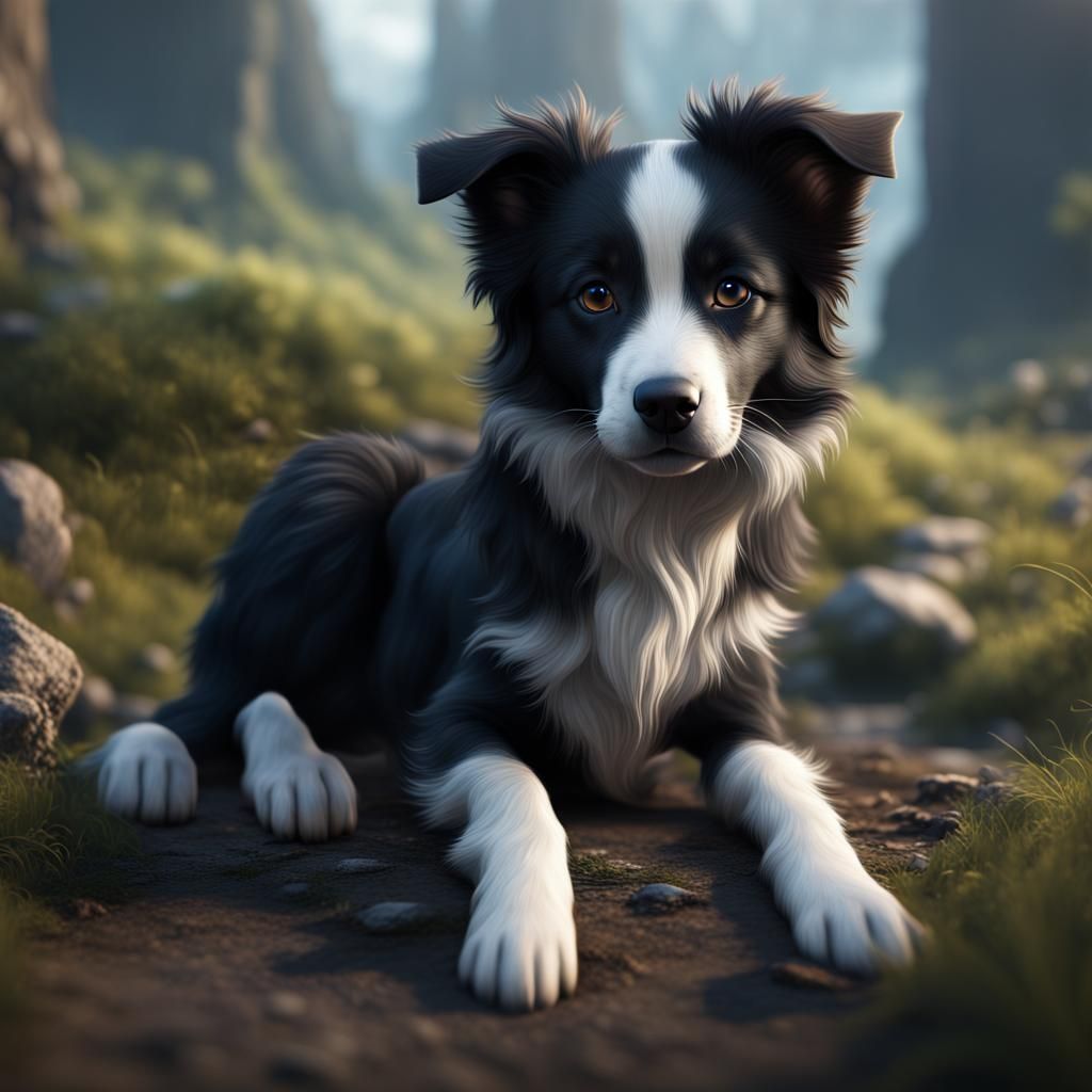 Detailed Border Collie Puppy in Fantasy Art Style