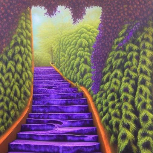 Overgrown City Stairway to Heaven in Oil Painting Style