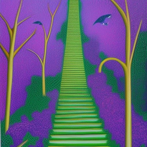 Overgrown City with Stairway to Heaven, Oil Painting