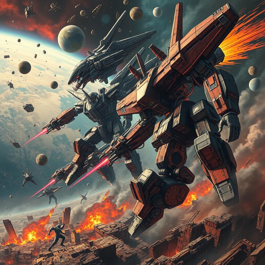 Epic Mecha Space Battle on Apocalyptic Earth