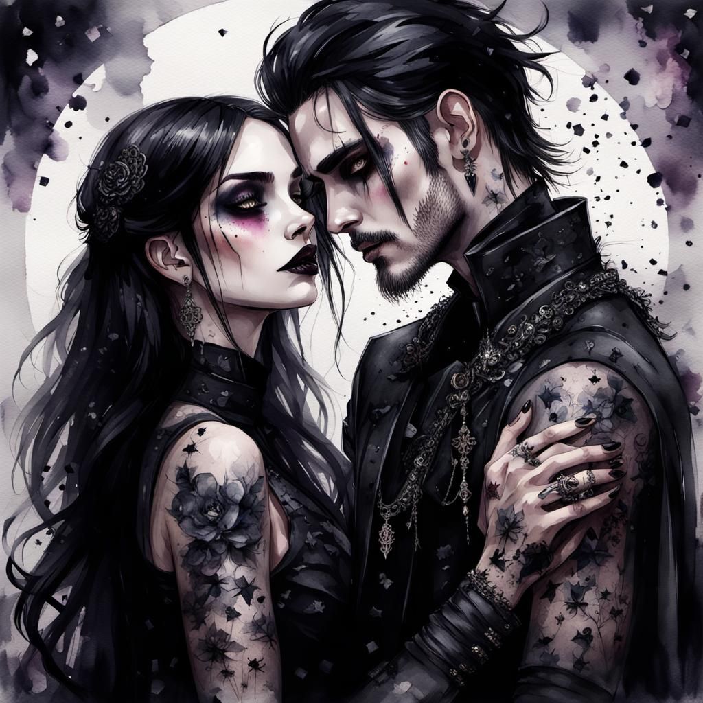 Gothic Bride and Groom Dancing in Watercolor