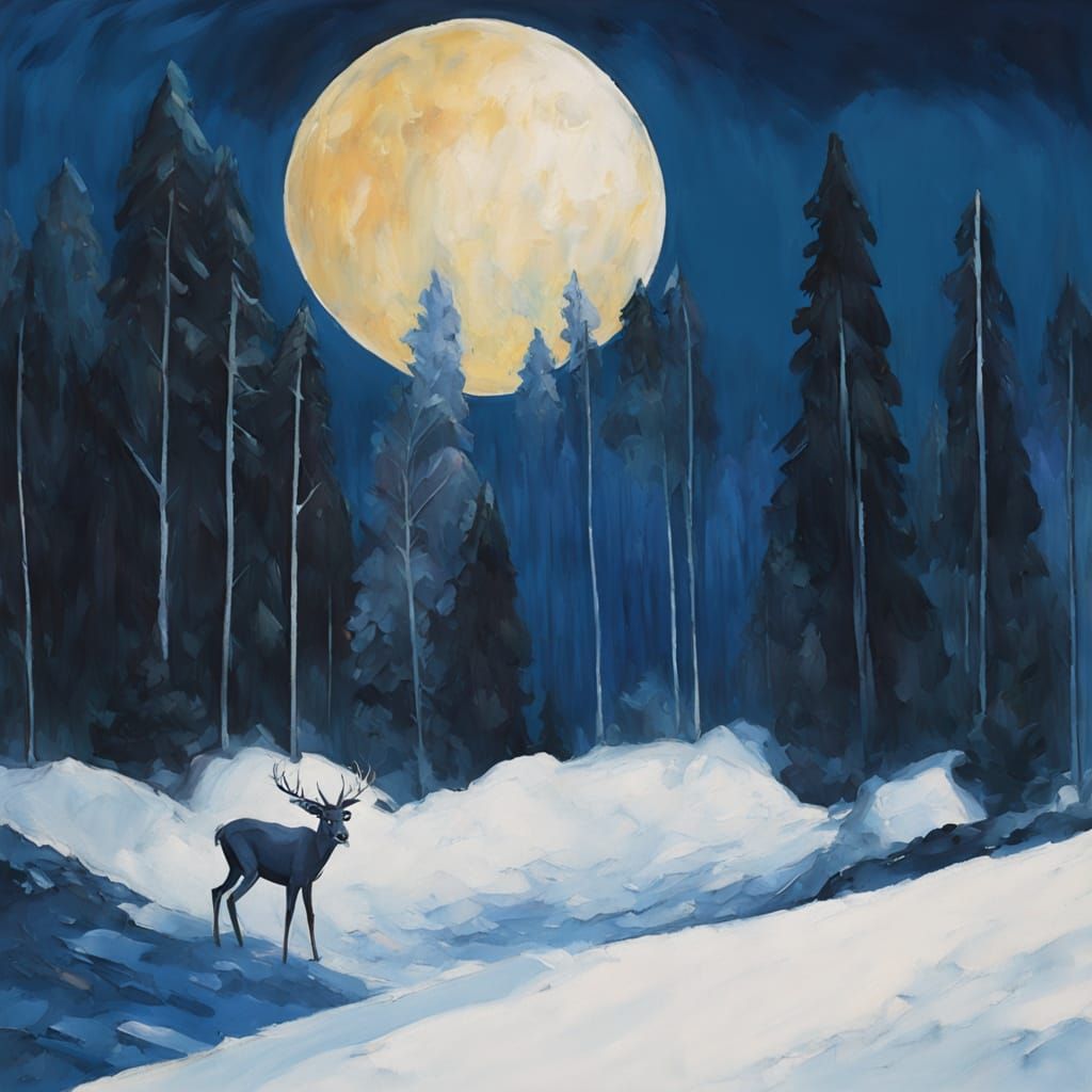 Gouache Deer in Snowy Forest - Impressionist Style