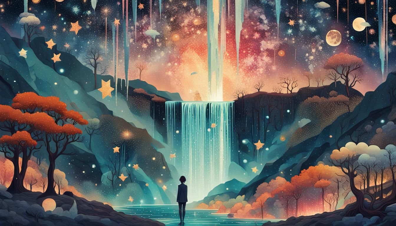 Magical Galaxy Waterfall in Anime Style
