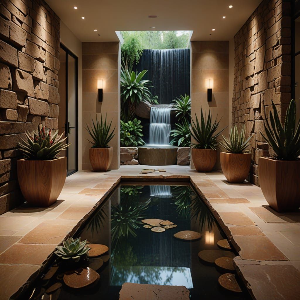 Elegant Luxury Home Interior with Infinity Pond and Waterfal...