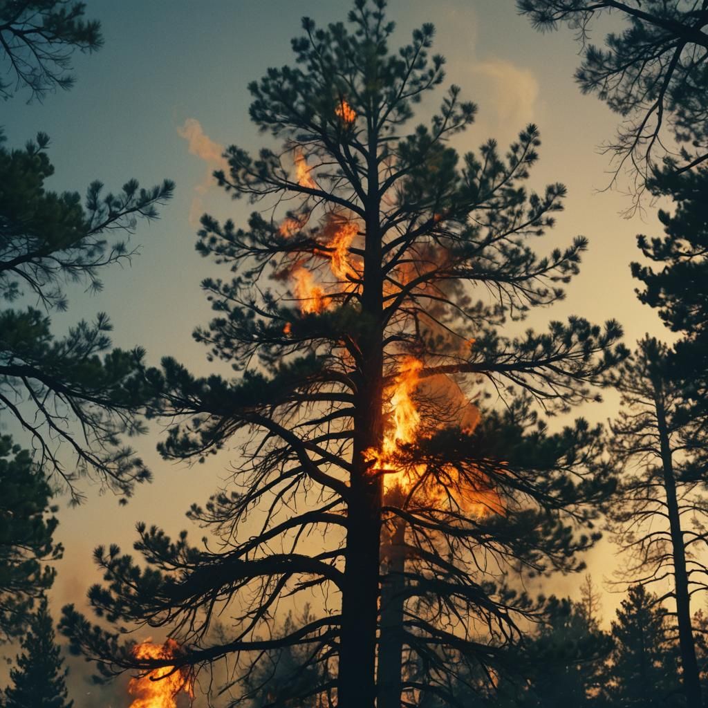 Cinematic Flames Dance Beside Pine Tree