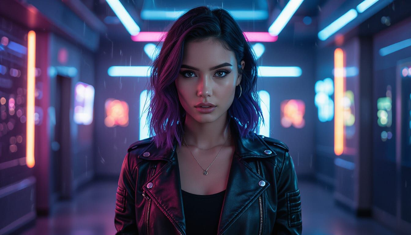 Synthwave Portrait of a Violet-Haired Girl in Neon Glow